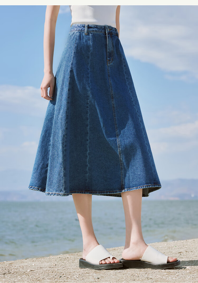 Inman French Style Denim Half Skirt for Women Summer Retro Mid-High Waist Premium A-Line Skirt Light Denim L 8