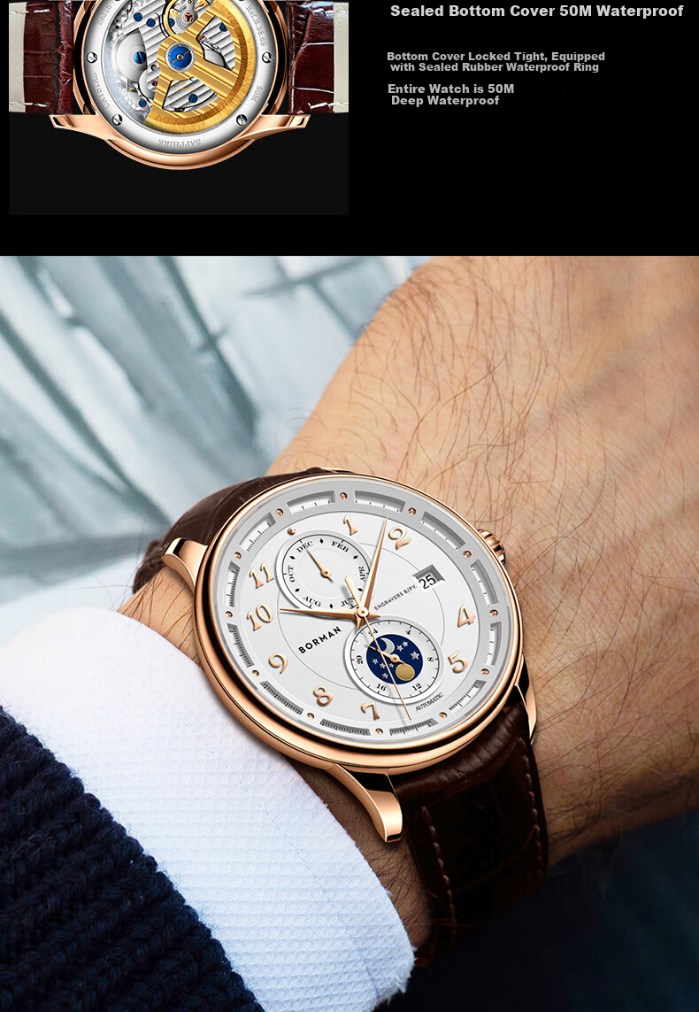 BORMAN BORMAN German Certified Men's Mechanical Watch, Fully Automatic Multifunctional Luxury Watch, Rose Gold Case with White Dial And Brown Leather Strap 7