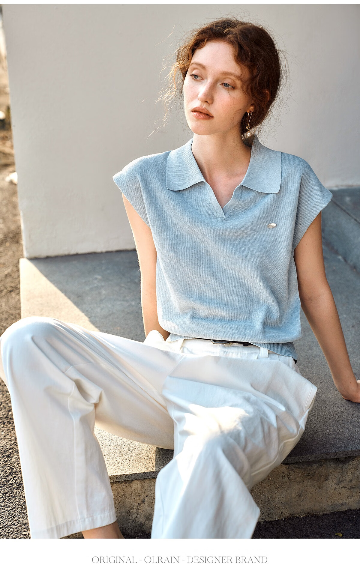 Olrain POLO Collar Knit Sweater for Women, Spring And Summer Commuter Short-Sleeve Pullover Top, Blue, Size M 36