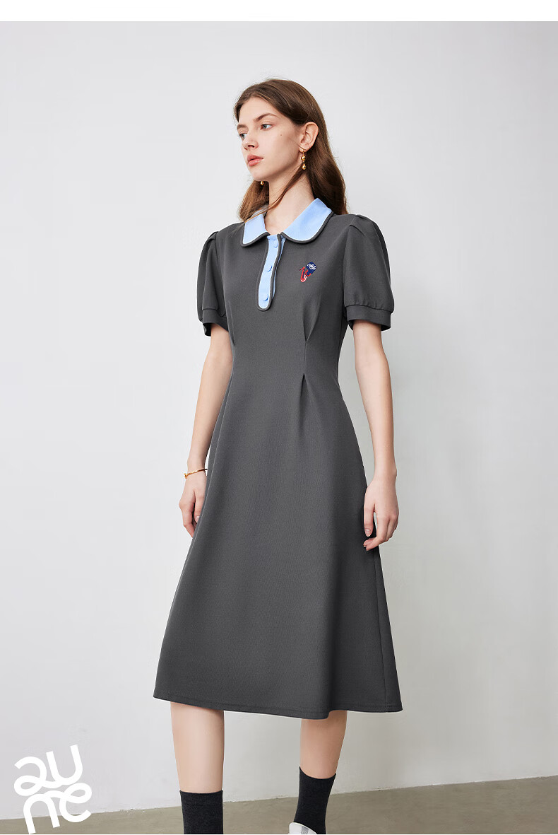Chuyu Polo Collar Dress with Waist-Cinching Slimming Effect for Women, New Summer 2025 A-Line Short-Sleeve T-Shirt Midi Skirt, Gray, Size S 14