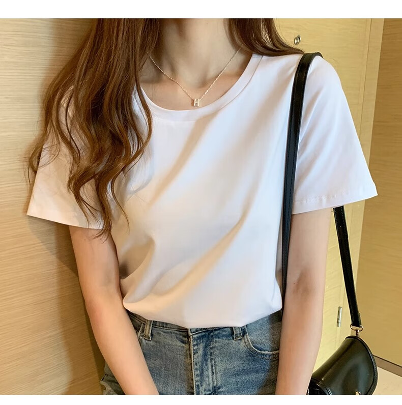 Woodpecker Women's Regular Shoulder Short Sleeve T-Shirt Summer 2025 New Loose Thin Solid Cotton Slim Fit Top White 4XL 8