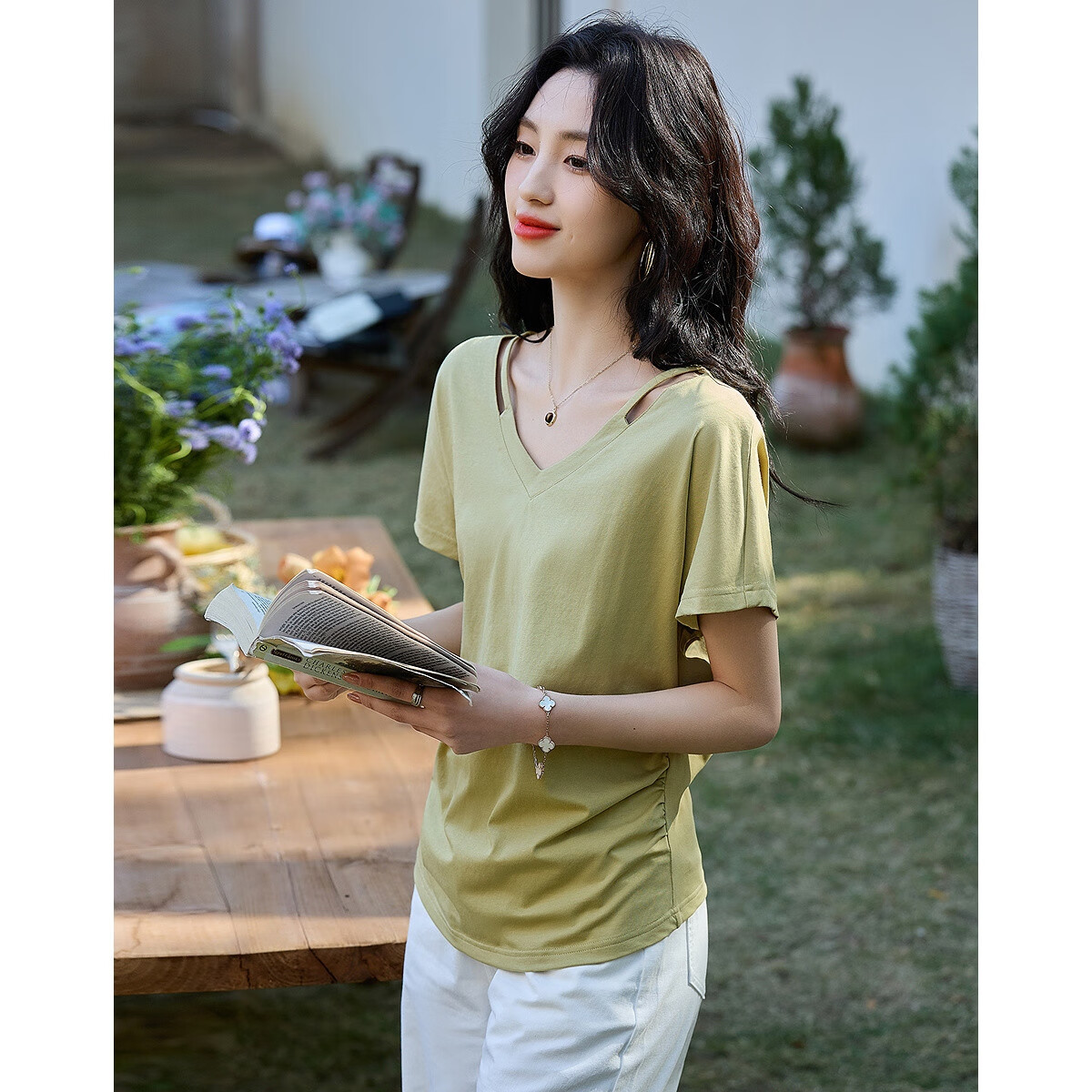 Dme [180G Suoluna] Summer Sexy V-Neck Off-Shoulder Short-Sleeve Camisole, Hollow-Out Loose Women's T-Shirt