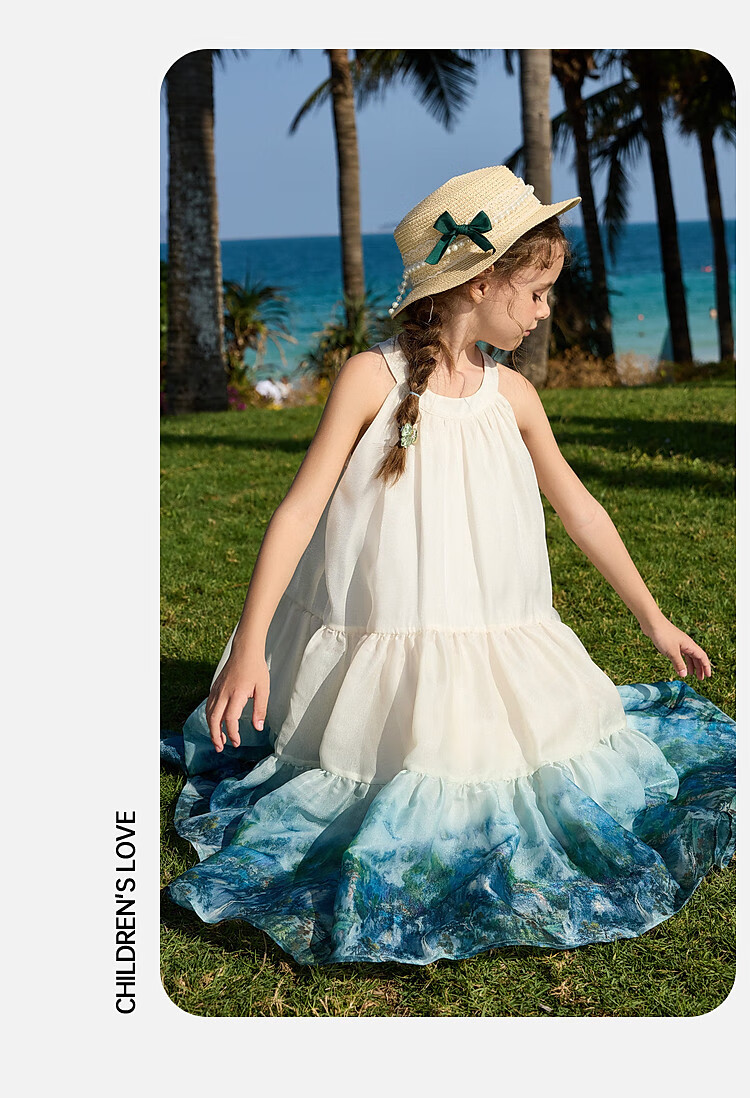 ASK JUNIOR Children's Summer Ink Wash Tie-Dye Dress Girls Vacation Style Spaghetti Strap Princess Dress 14