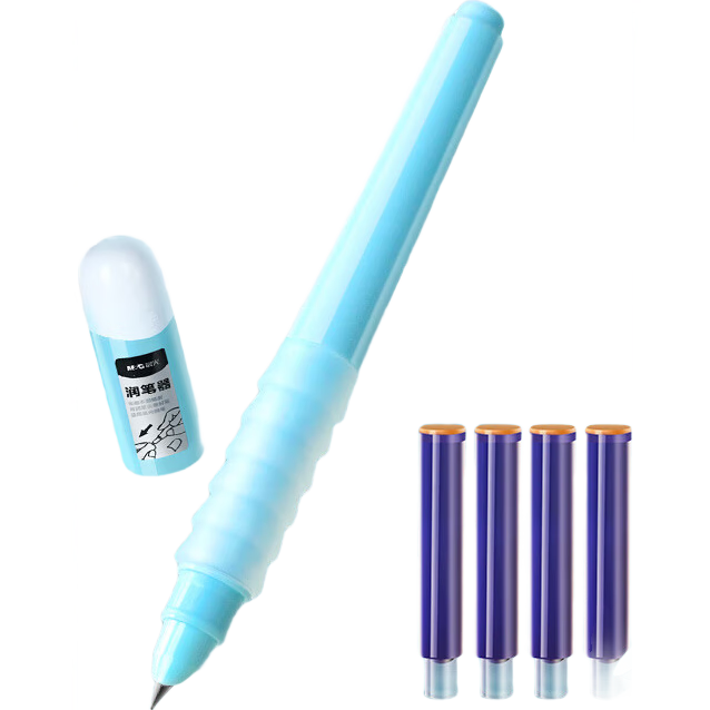 M&G Stationery Cloud Grip Heat Erasable Crystal Blue Fountain Pen Set (2 Pens + Pen Conditioner + 4 Ink Cartridges 3.4mm) Student School Writing HAFP2649 Blue Barrel