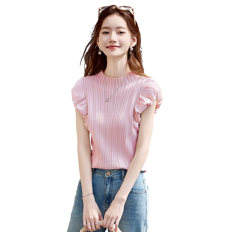 Shangjing Women's Summer Knitwear New French Elegant Puff Sleeve Slim Fit Short Sleeve T-Shirt Top