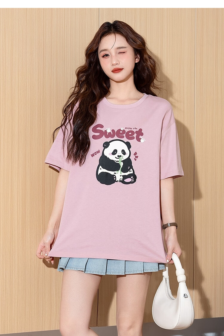 TonLion 2025 Summer Women's Knitted Front Chest Cartoon Panda Short-Sleeve T-Shirt, Apricot Color, Size L 8