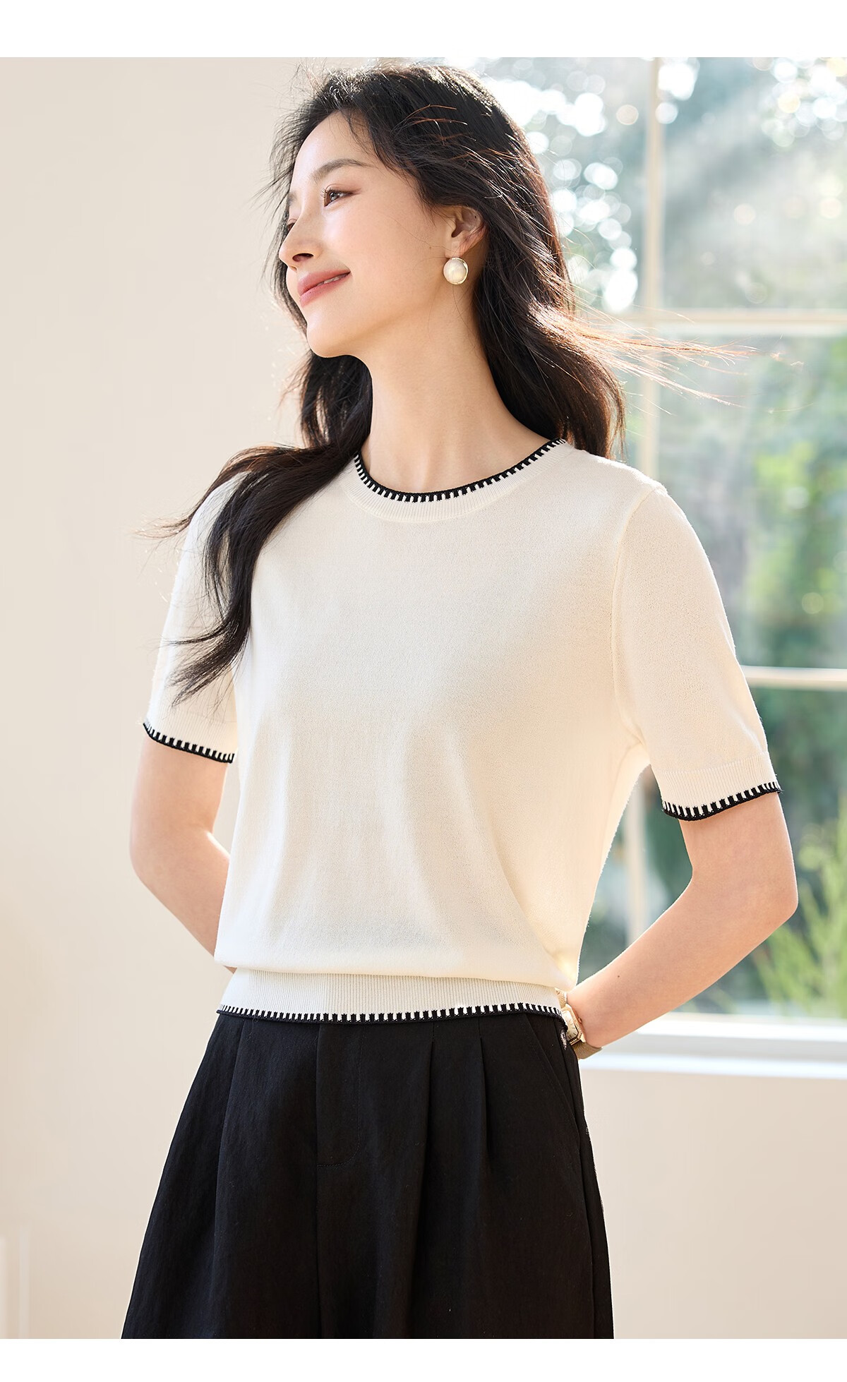 Chushen Summer Knitted Short-Sleeve T-Shirt for Women, Fashionable Round Neck Contrasting Color Design, Simple And Elegant Knitted Top Base Shirt S52T025 20