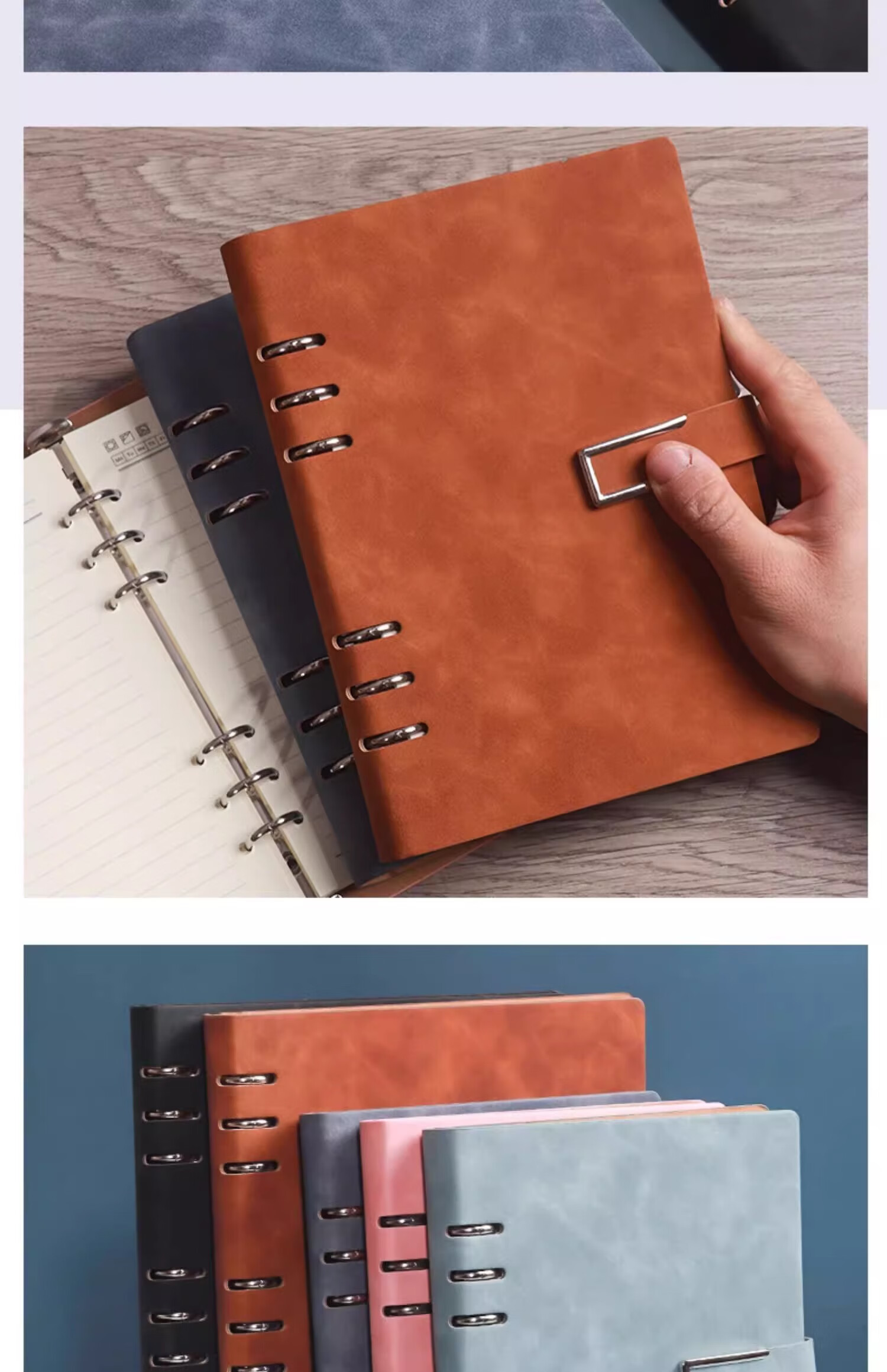 Tangyi B5 Blue-Gray 9-Ring Leather-Bound Loose-Leaf Notebook, 100 Sheets, 200 Pages, Premium Business Work Notebook, Study Journal, Office Meeting Record Book, Customizable Logo 10