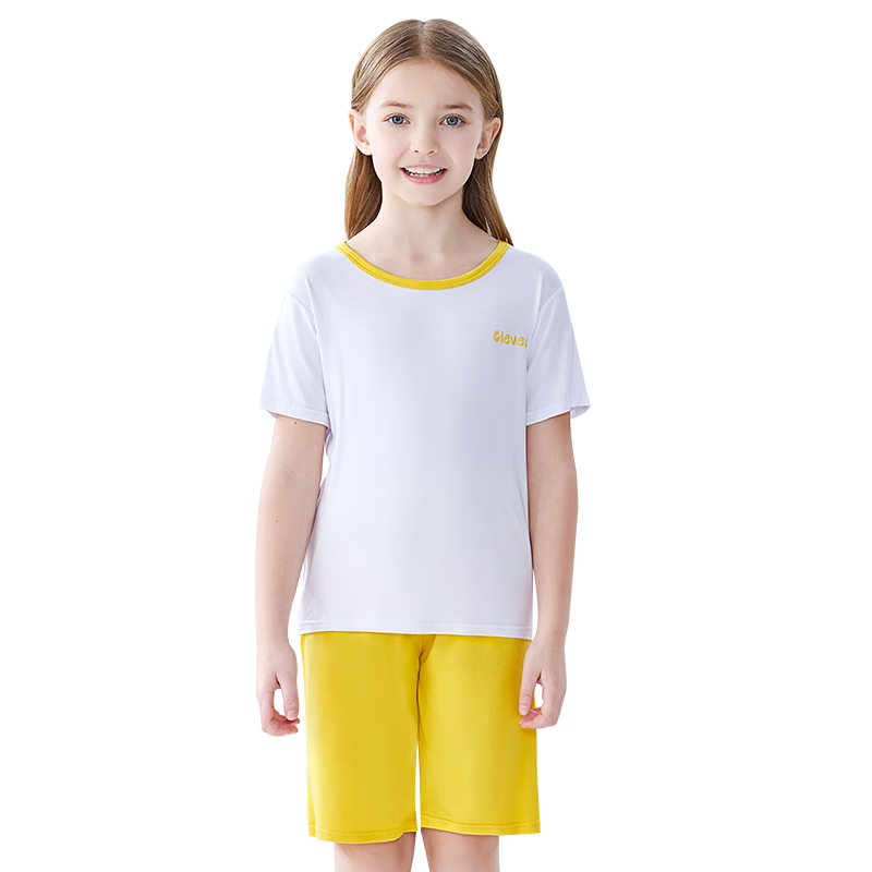 LangSha Children's Pajamas, Summer Girls' Short-Sleeve Thin Air Conditioning Wear, Big Girls' Home Wear Set, Yellow, Size 170