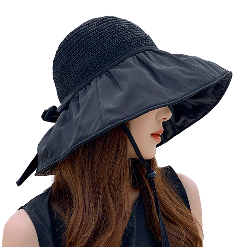 FitonTon Sun Hat for Women, Full-Top UV Protection Cap, Black Gel Anti-UV Sunhat, Wide Brim Summer Outdoor Versatile Straw Hat