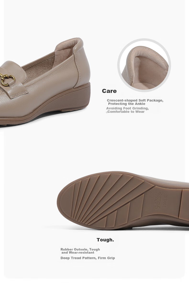 Goldlion Women's Shoes, Mom Leather Shoes, Slip-On Shallow Mouth Women's Flats, Wedge Round Toe Loafers, G662330071, Apricot Color, Size 37 7