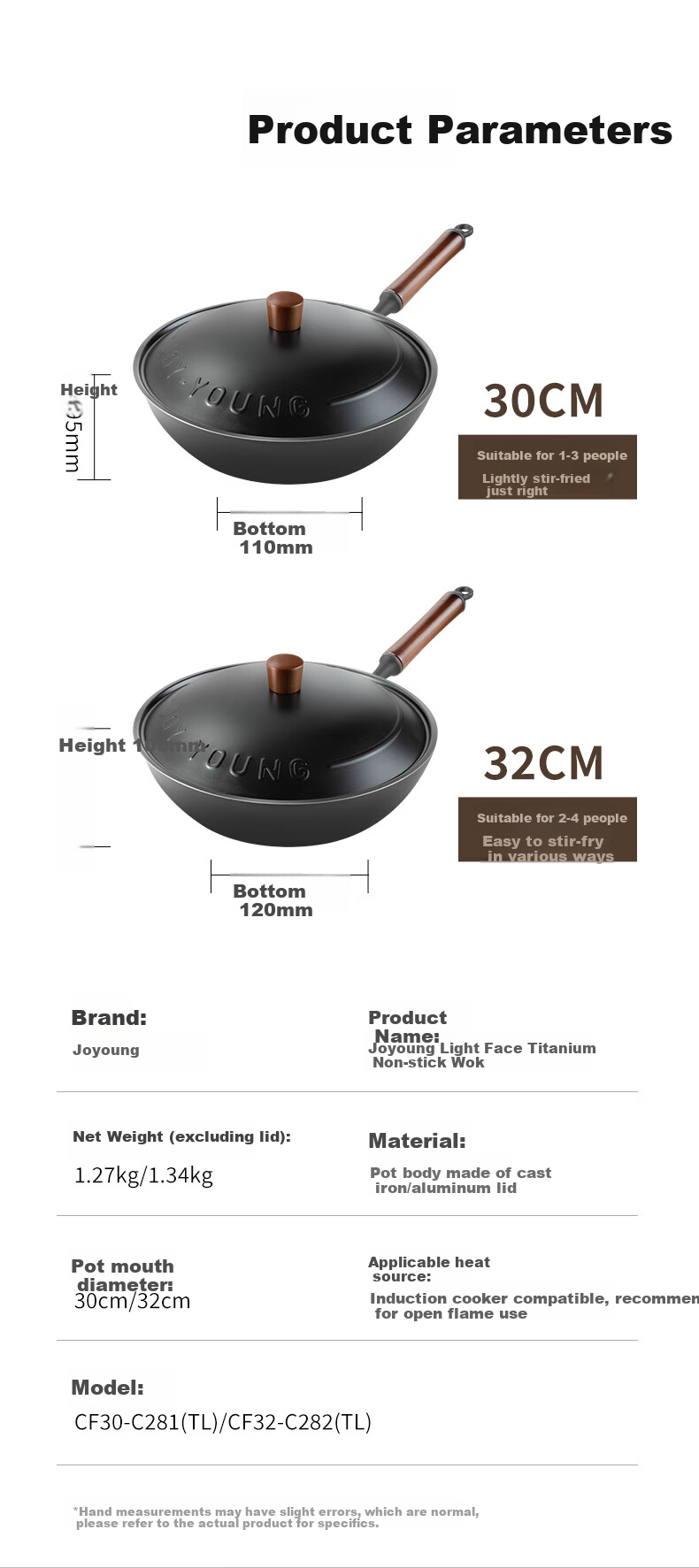 Joyoung Wok with Titanium Non-Stick Iron Pan, Lightweight Stir-Fry Healthy Non-Coated Household Cooking Pan Compatible with Stove 32cm 14