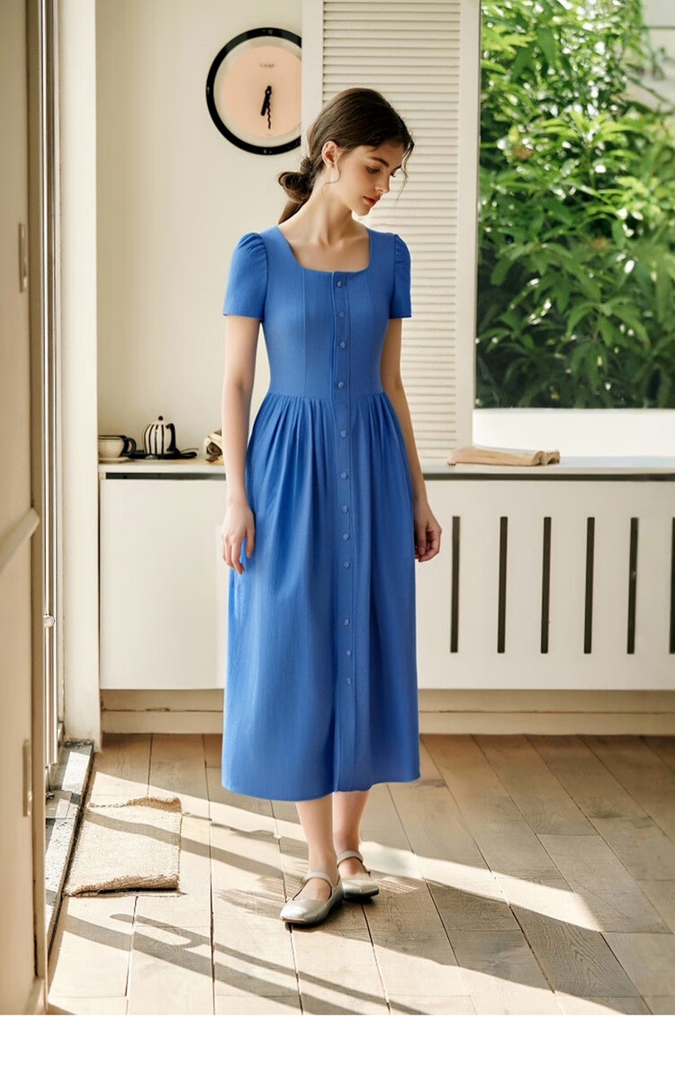 Olrain Eurielle Summer Women's Commuter Lyocell Dress Square Neck Waist Cinch Vacation Maxi Dress Klein Blue S 11