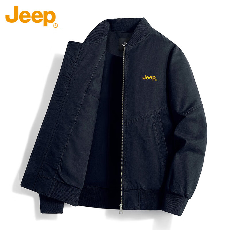 JEEP Men's Pilot Jacket, Executive Spring And Autumn Workwear Baseball Collar Outerwear, Black, Size L