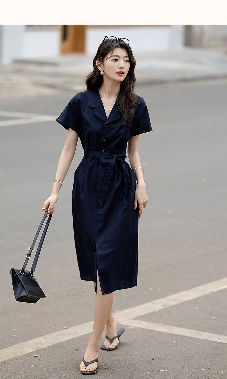 Dme [Smooth Linen Cotton Bamboo Blend] Summer Elegant Office Wear Lapel Tie Three-Button Short-Sleeve Women's Dress 8
