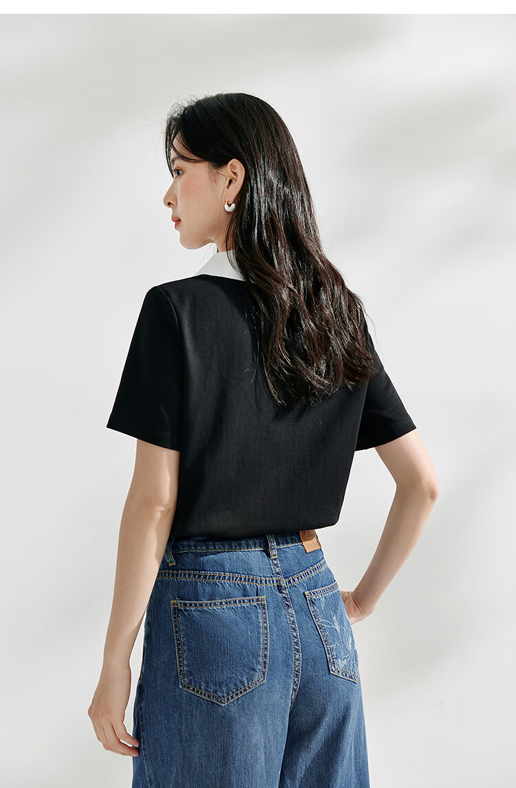 Inman Casual Striped Shoulder T-Shirt Summer Women's Design Polo Collar Slim Fit Short Sleeve Star Black XL 13