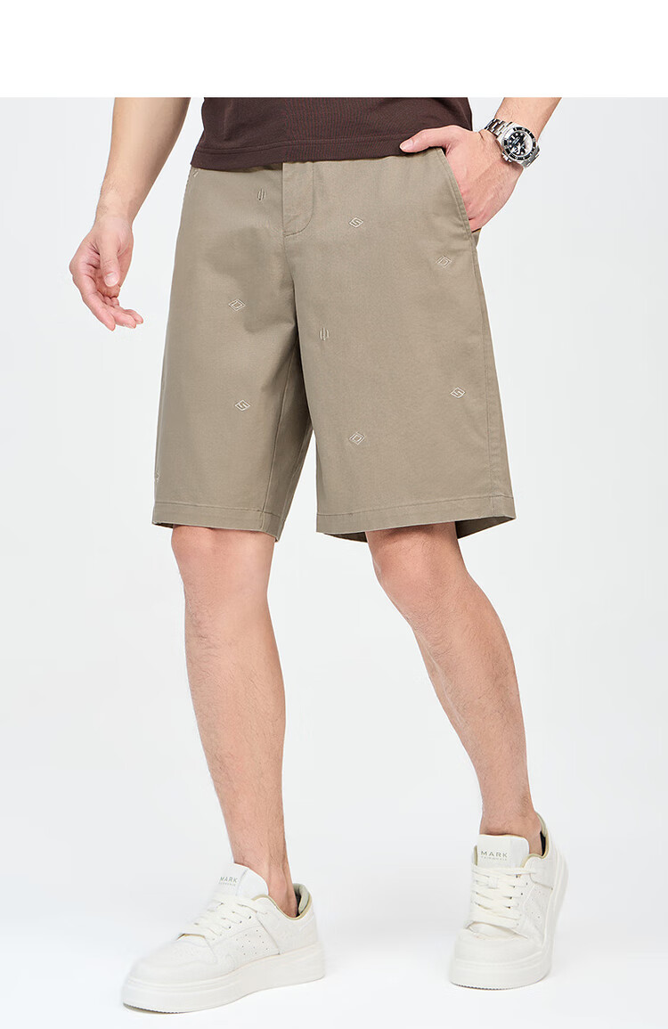 DANCING WOLVES [Dotted Embroidery] Summer Versatile Cotton-Spandex All-Over Printed Lining Men's Casual Shorts, 701 Khaki, Size 29 11