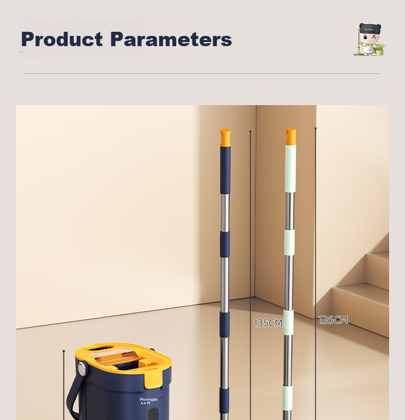 HoMettler Clean And Dirty Separation Flat Mop, 36cm with 4 Mop Pads, 135cm Long Handle, Household All-In No Hand Washing Required, Squeegee Bucket, Double Handle 16