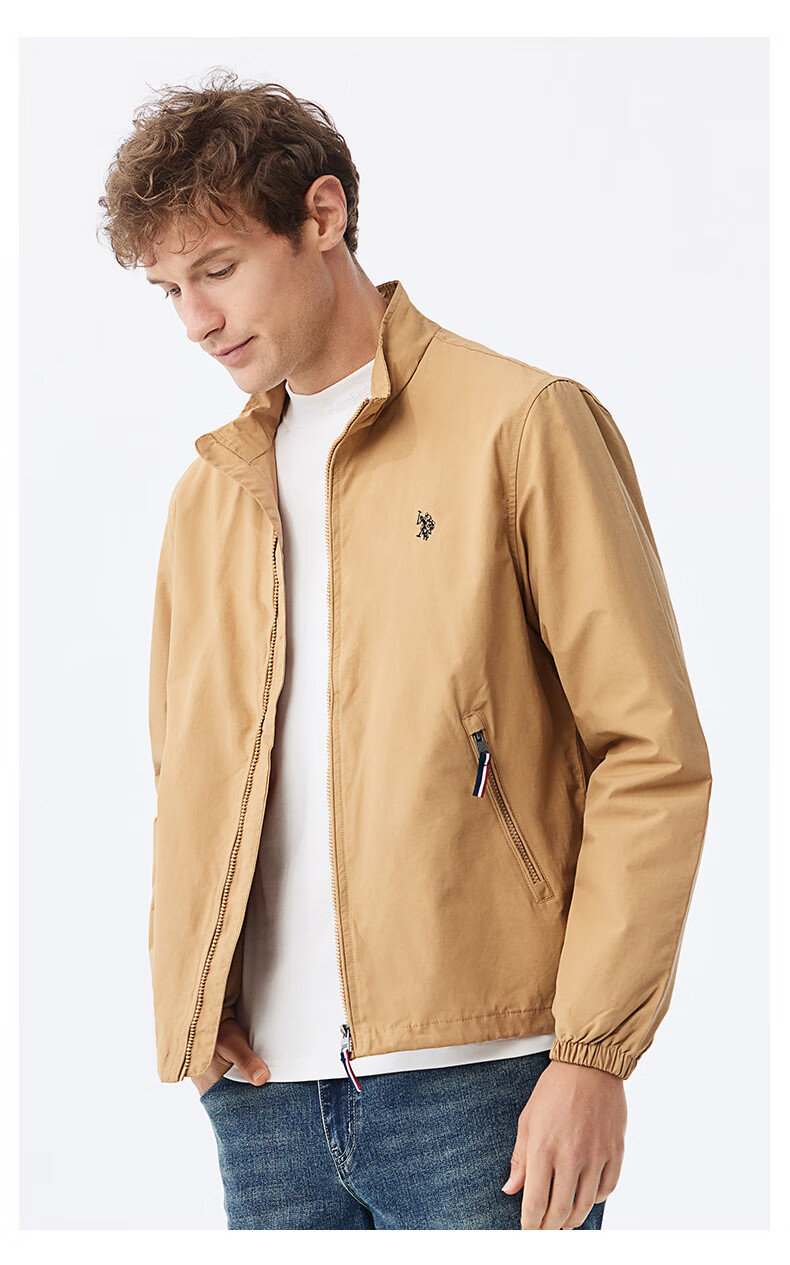 U.S. POLO ASSN. Men's Solid Color Casual Versatile Trendy Jacket Stand Collar Windproof Coat, Khaki, Size L 2