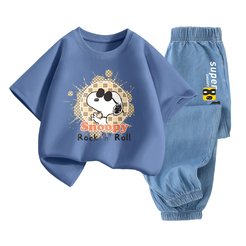 SNOOPY Boys And Girls Short Sleeve T-Shirt And Jeans Two-Piece Set Children's Short Sleeve Outfit Indigo Plaid + Dark Blue Nubie 160