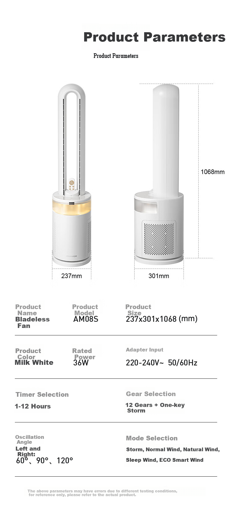 DAEWOO [Little Dolphin] Mother And Baby Grade Purifying Bladeless Tower Fan, DC Inverter Quiet Natural Gentle Wind Wide-Angle Oscillating Ambient Light Floor Fan, AM08S Mid-Autumn Festival Gift 17