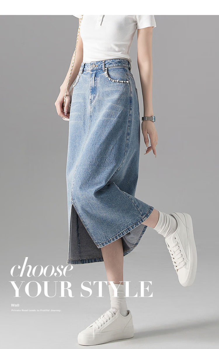 Dme [Yuanqi Yujie] Spring And Autumn Treasure Cloud-Feel Pure Cotton Pearl Decorative Design Split Denim Midi Skirt for Wome 1