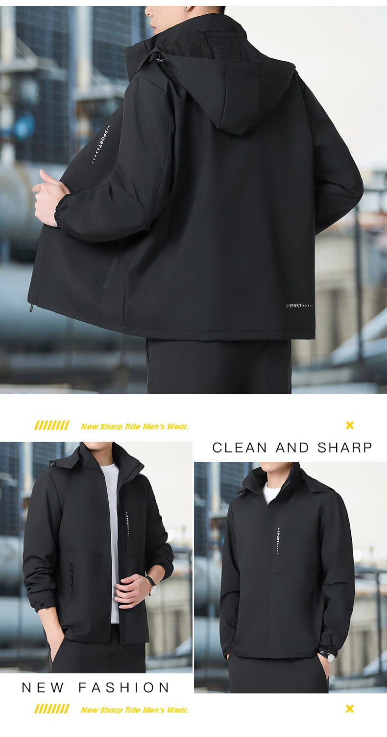 ROMON Men's Hooded Jacket Autumn Sports Commuter Casual Outdoor Windbreaker ZHX2228 Black 2XL 12