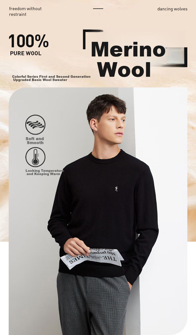 DANCING WOLVES [100% Merino Wool] Men's Fashionable Versatile Warm Casual Sweater, 001 Black, Size 165 1