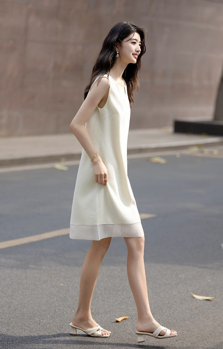 Demana Summer Little Chanel Style V-Neck Organza Spliced Sleeveless Women's Dress with Granular Two-Tone Yarn Weaving Craft 6