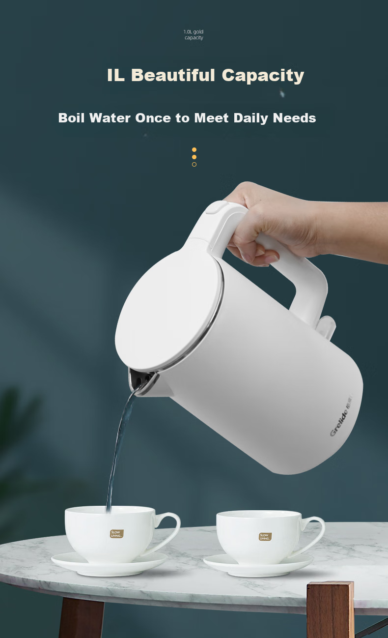 Grelide Electric Kettle, 1000W Low Power, for Student Dormitory, 1L Capacity, Double-Layer Anti-Scalding Design, Hotel-Grade 304 Stainless Steel Seamless Inner Pot, Hot Water Kettle HD1010 6
