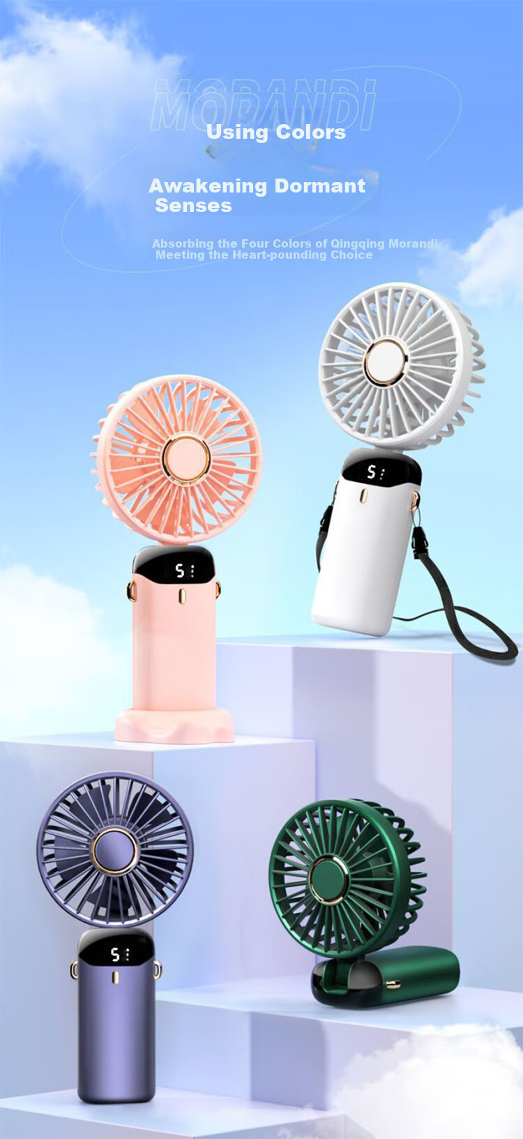 HBOALG Handheld Mini Fan with Foldable Stand, USB Fan with Digital Display, Long Standby Time, Portable Electric Fan for Student Dormitory And Office, Rechargeable, White 3