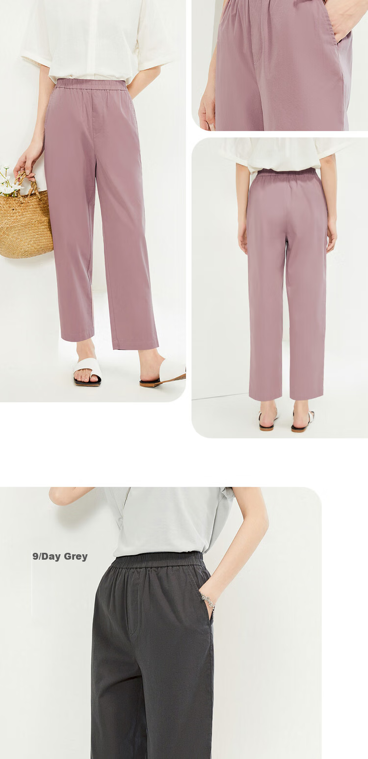 Giordano Women's Pants, New Summer 2026 Style, Pure Cotton Elastic Waist, Lightweight Casual Seven-Point Straight-Leg Trousers, 05425315 14