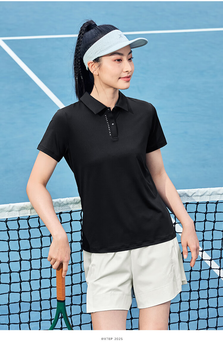 XTEP Women's Quick-Dry Short Sleeve Polo Shirt Summer Training Badminton Yoga Sports Top with Set-In Shoulder and Turn-Down Collar 21