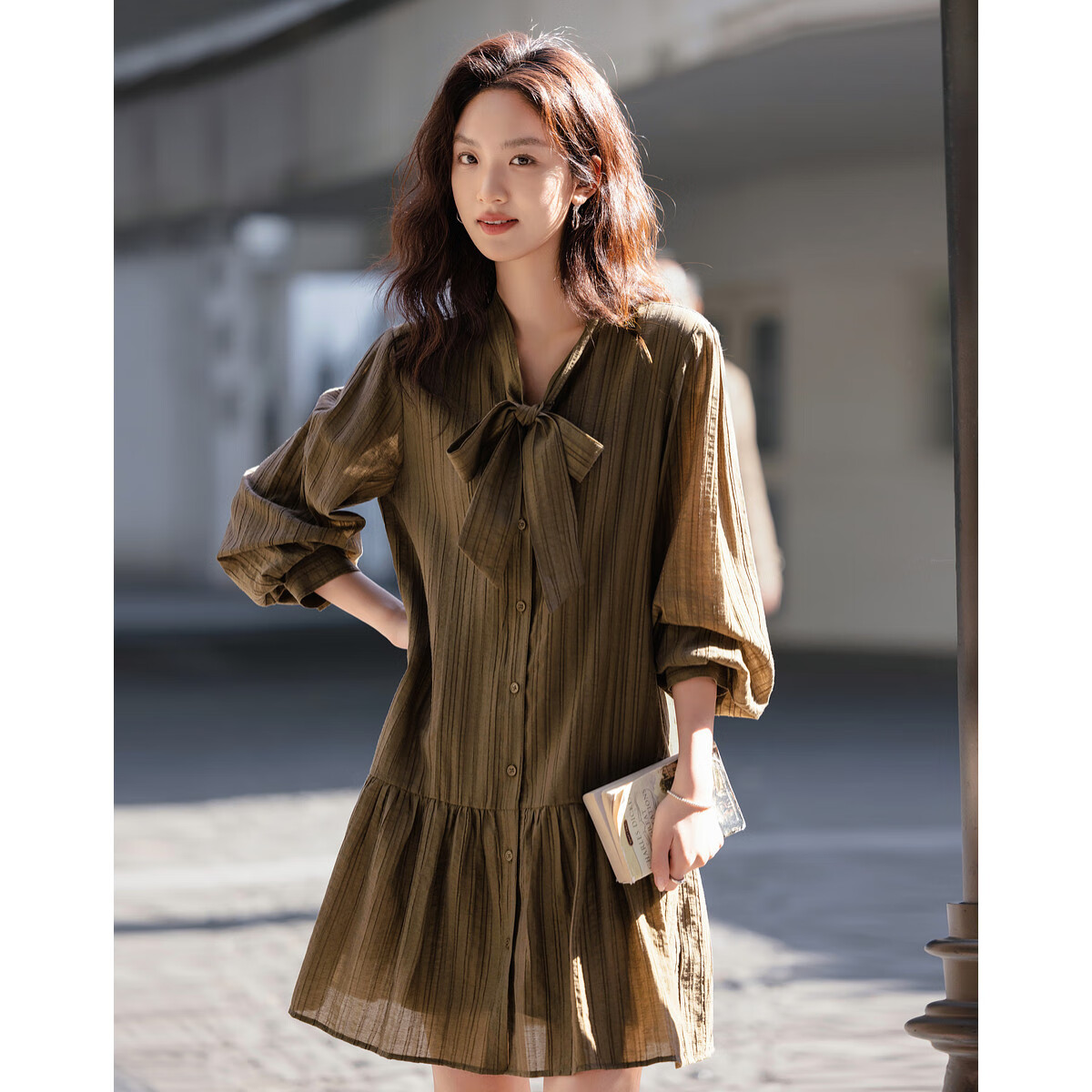 Dme [Moderate Romance] Spring Vintage Style Lyocell Striped Ribbon Button Elegant Midi Dress for Wome