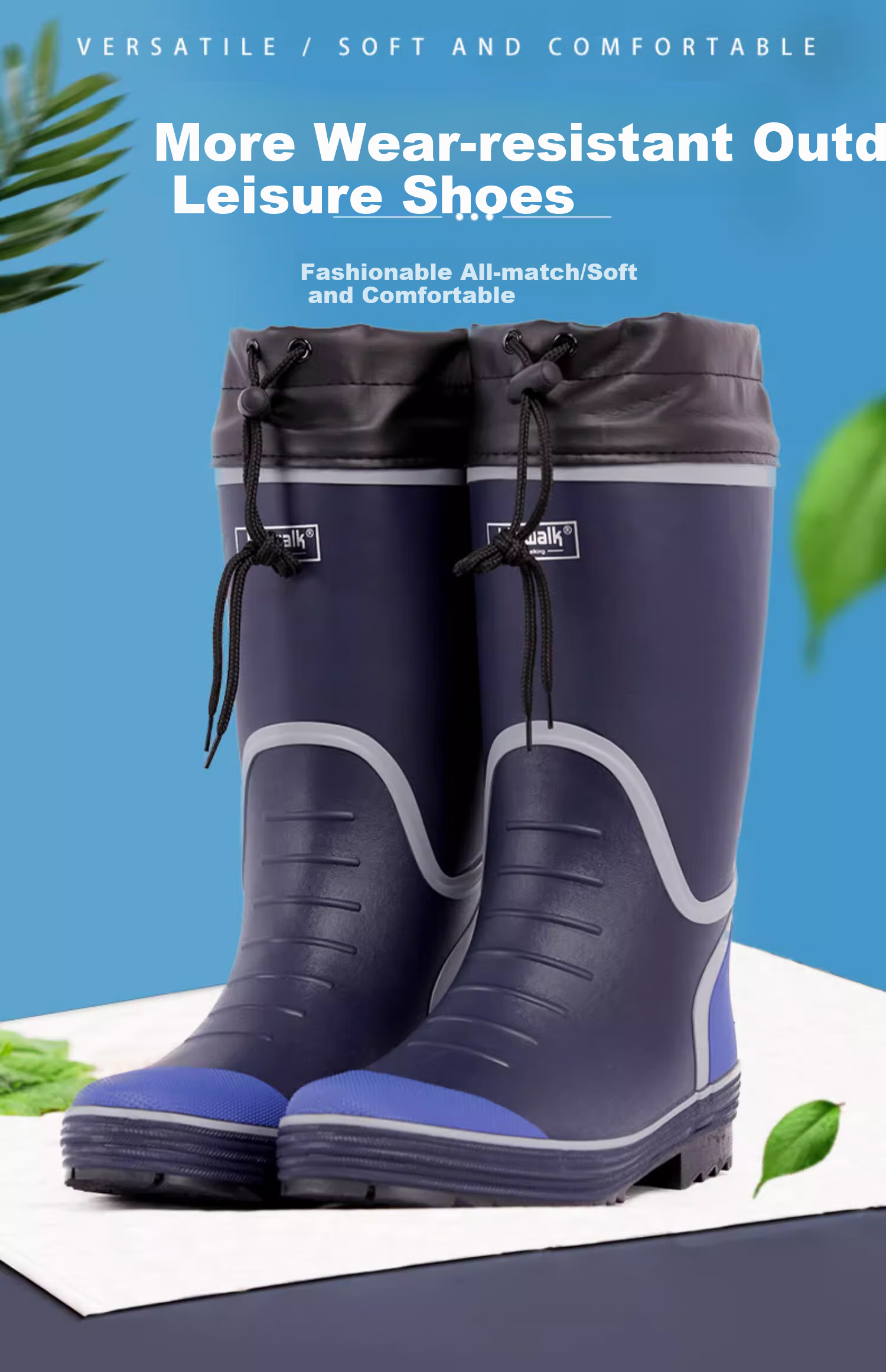 Jolly Walk Waterproof Rain Boots for Men, Stylish Non-Slip Tall Fishing Rubber Water Shoes JW327 Navy Blue White Size 39 1