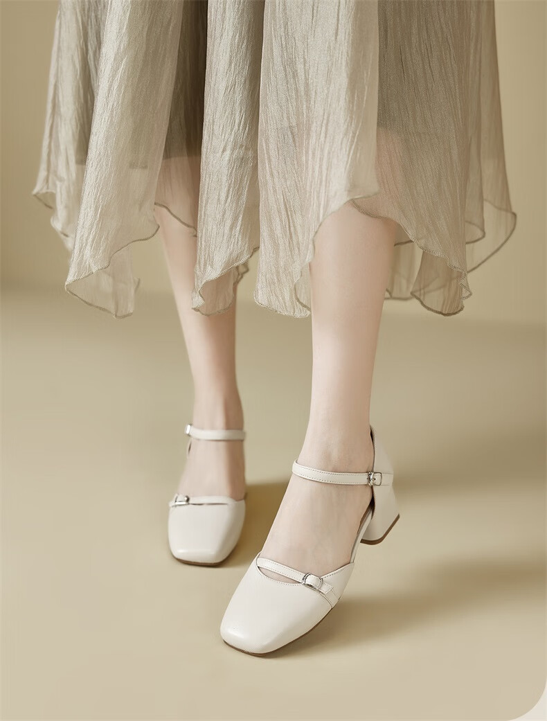 Yierkang Women's Sheepskin Chunky Heel Closed-Toe Sandals, Fairy-Style Mary Jane Backless Pumps, 17896W Off-White 2, Size 36 1