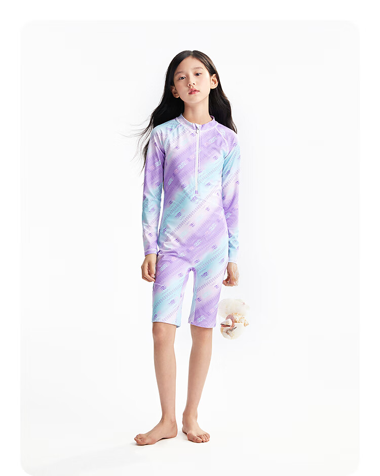 Annil Girls' One-Piece Long-Sleeve Set, 2025 Summer New Slim Fit, Purple Floral Pattern, Size 130 5