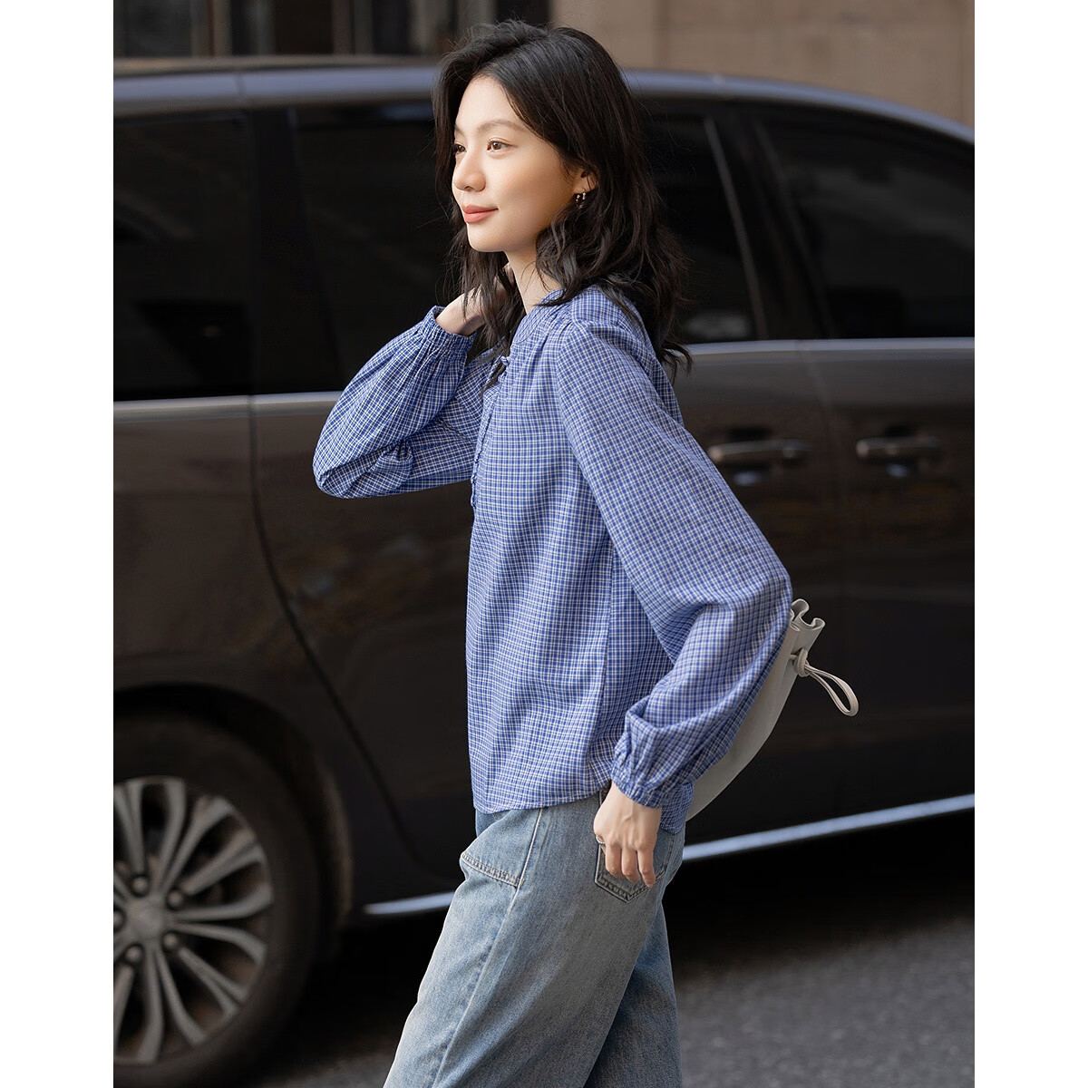 Dme [Salt-Style Youthful Plaid] Spring Small Stand-Collar Cloud-Feel Cotton Shirt with Small Pleats And Elastic Band, Women's Blouse Top