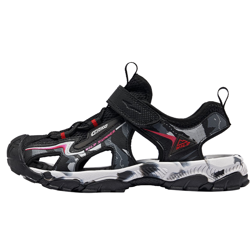 ERKE Children's Shoes, Boys' Big And Small Kids Closed-Toe Sandals, Children's Velcro Outdoor Beach Shoes, Black/Red 27