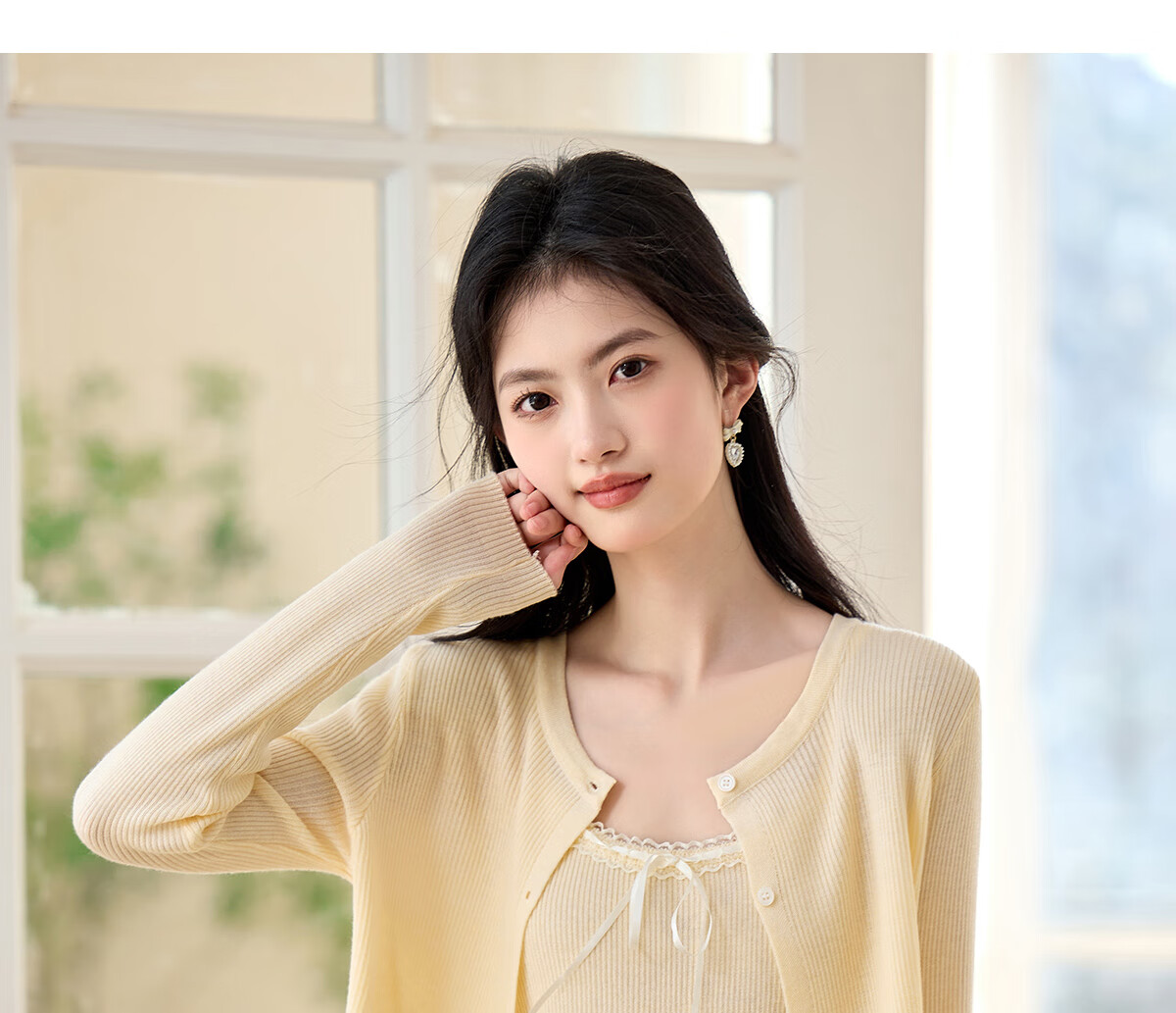 PinCai Knitted Cardigan for Women, Lace Design Inner Vest Two-Piece Set, Thin Knit Outer Jacket P52Z074 30