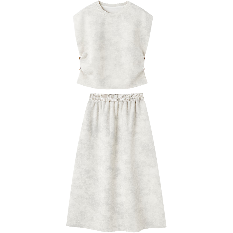 Demana Gradient Print Set Summer Elegant Round Neck Flutter Sleeve Top with Pleated Buttoned Flared Skirt Women's Two-Piece Set