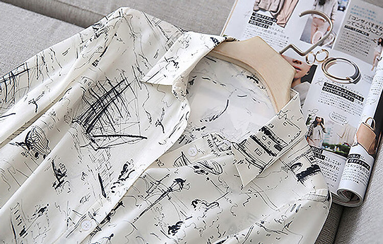 Dme [Cool Korean Style Goddess] Autumn French Collar Chiffon Printed Slimming Shirt Women's Top Spring 7