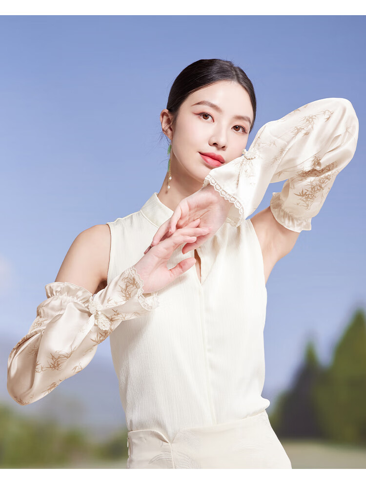 Shanghai Story Women's Silk Sun Protection Ice Sleeves Spring Summer 100% Mulberry Silk Satin Printed Loose Retro Sunshade Arm Sleeves Valentine's Day Gift 8