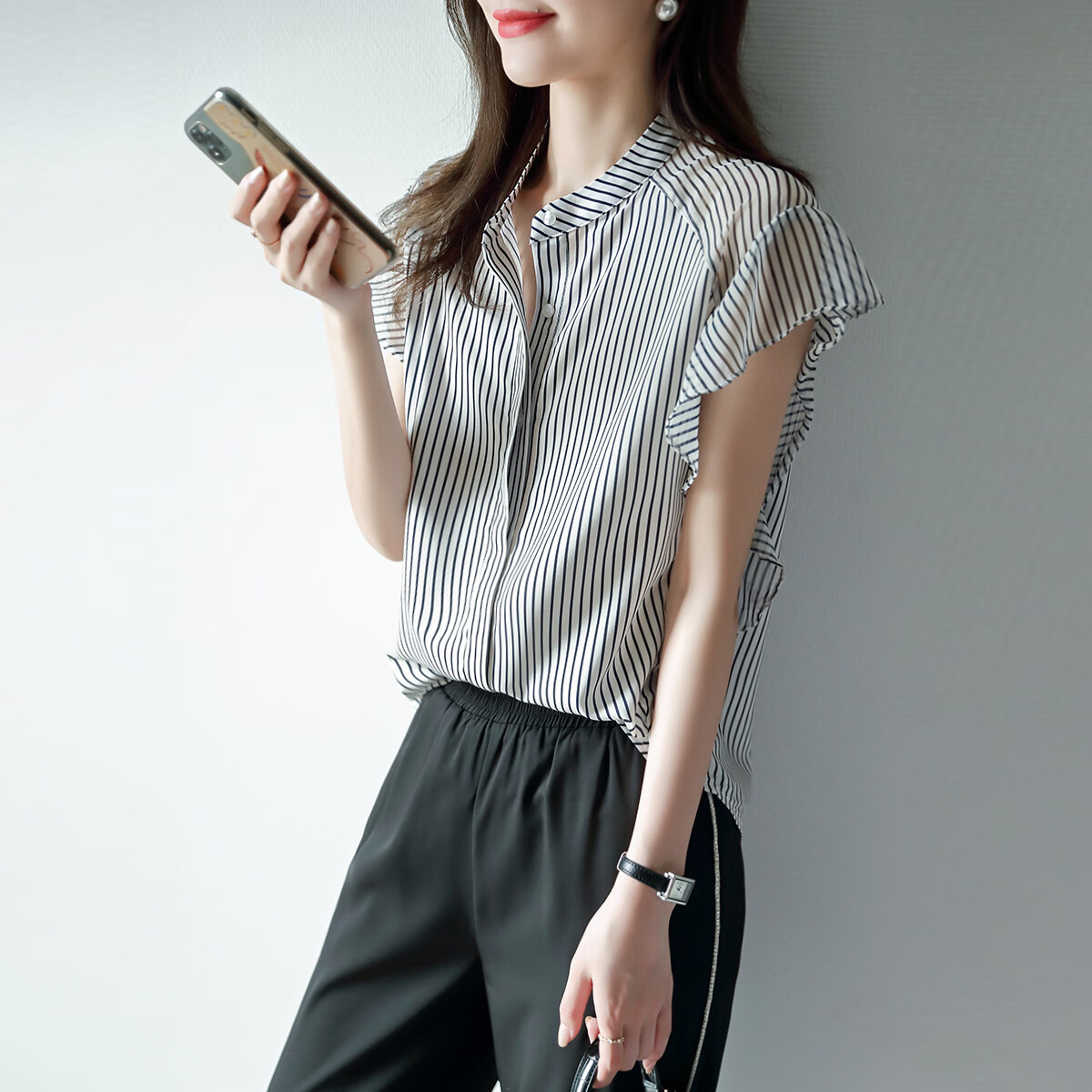 Dme [Half-Transparent Patchwork] Summer Chiffon Spliced Chiffon Pleated H-Shaped Ruffle Blouse for Wome 3