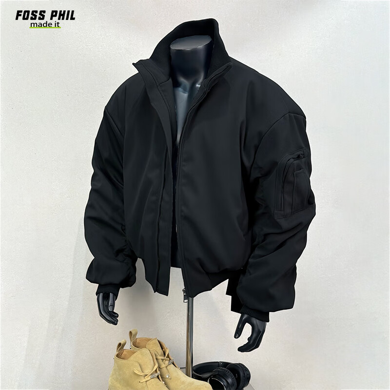 Foss Phil Men's Flight Jacket, Spring And Autumn American High Street Style, Versatile Short Baseball Coat, JK001 Black L