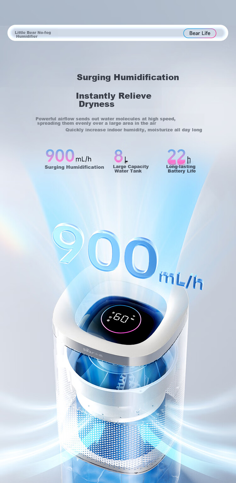 Bear Mist-Free Air Humidifier 960mL/h Large Capacity Humidifier for Home Living Room, Specialized for Mothers And Babies, Antibacterial, Rhinitis Relief, Air Conditioning Room, Cold Evaporation Moisturizing JSQ-J80K1 3