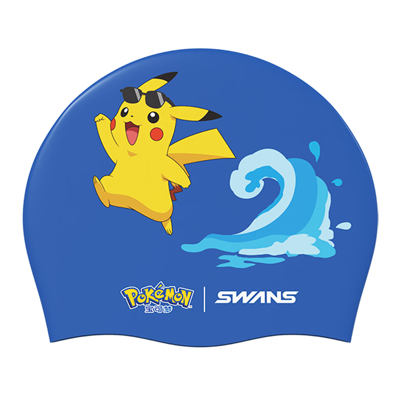 SWANS Pokemon Swimming Cap for Boys Pikachu, Panchi, Jenny Turtle Swimming Cap for Girls Silicone Non-Binding Ice Blue