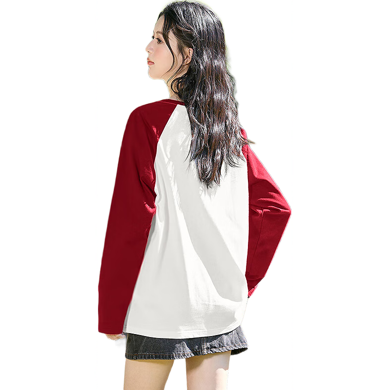 TonLion 2025 Women's Front Chest Print Raglan Long Sleeve T-Shirt, Cherry Red, Size S