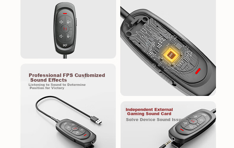 IKF Professional Gaming Headset Sound Card, External Game Sound Card, USB to 3.5mm Converter, Virtual 7.1 with Microphone, FPS Sound Effects, HiFi Driverless, Triangular, Valorant, PUBG, CSGO 5