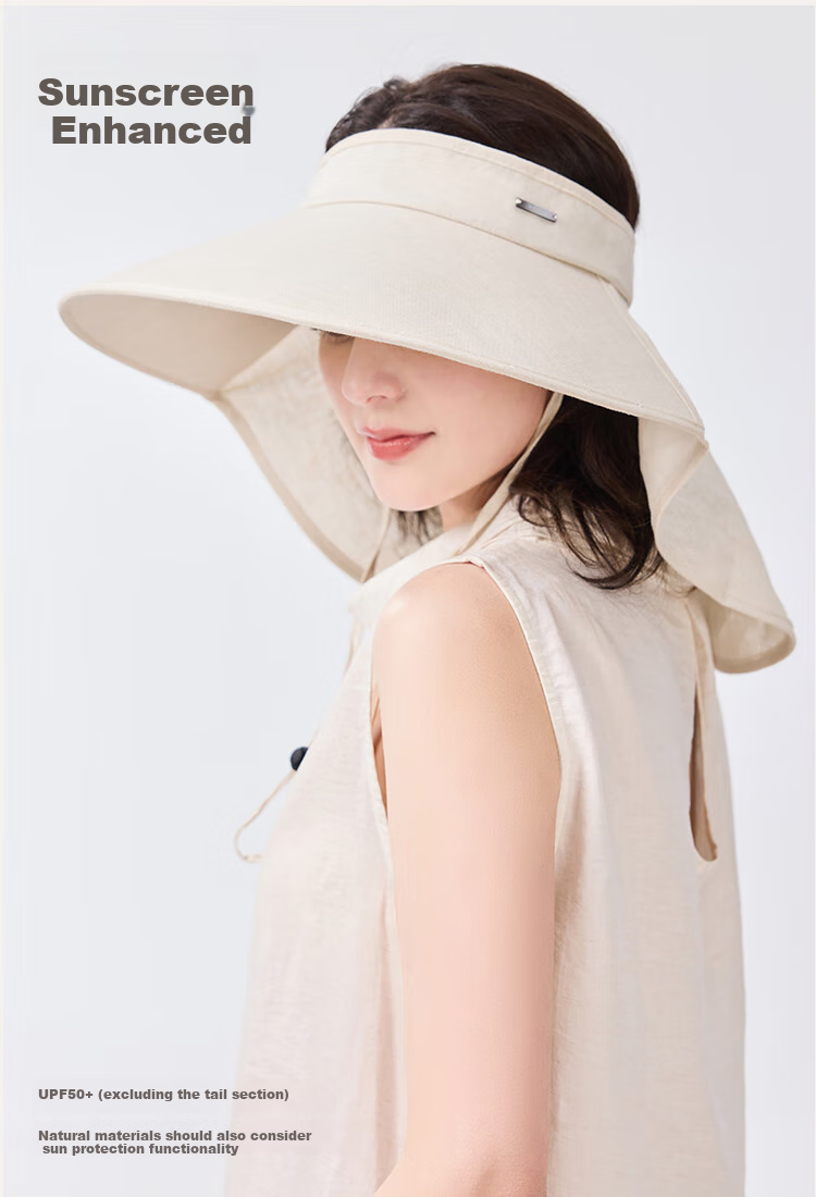 JIUMU Linen Sun Protection Hat, Women's Sun Hat, Sun Visor, Open Top Hat, Summer Face-Covering Neck Protection UV-Resistant Hat 4